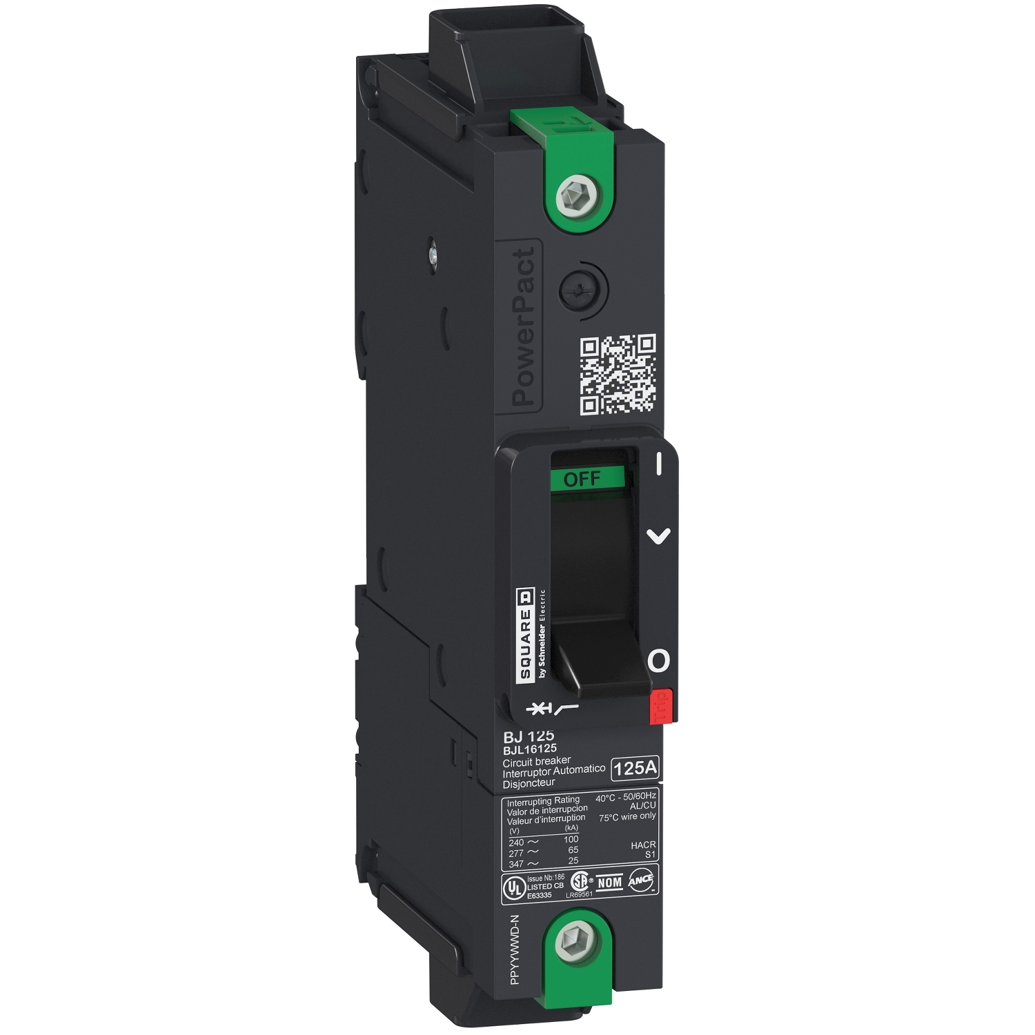 Schneider Electric Molded Case Circuit Breaker; 1-Pole; 100A; 600VAC/250VDC; 65kA @ 480VAC; Lugs - Both Ends; UL 489